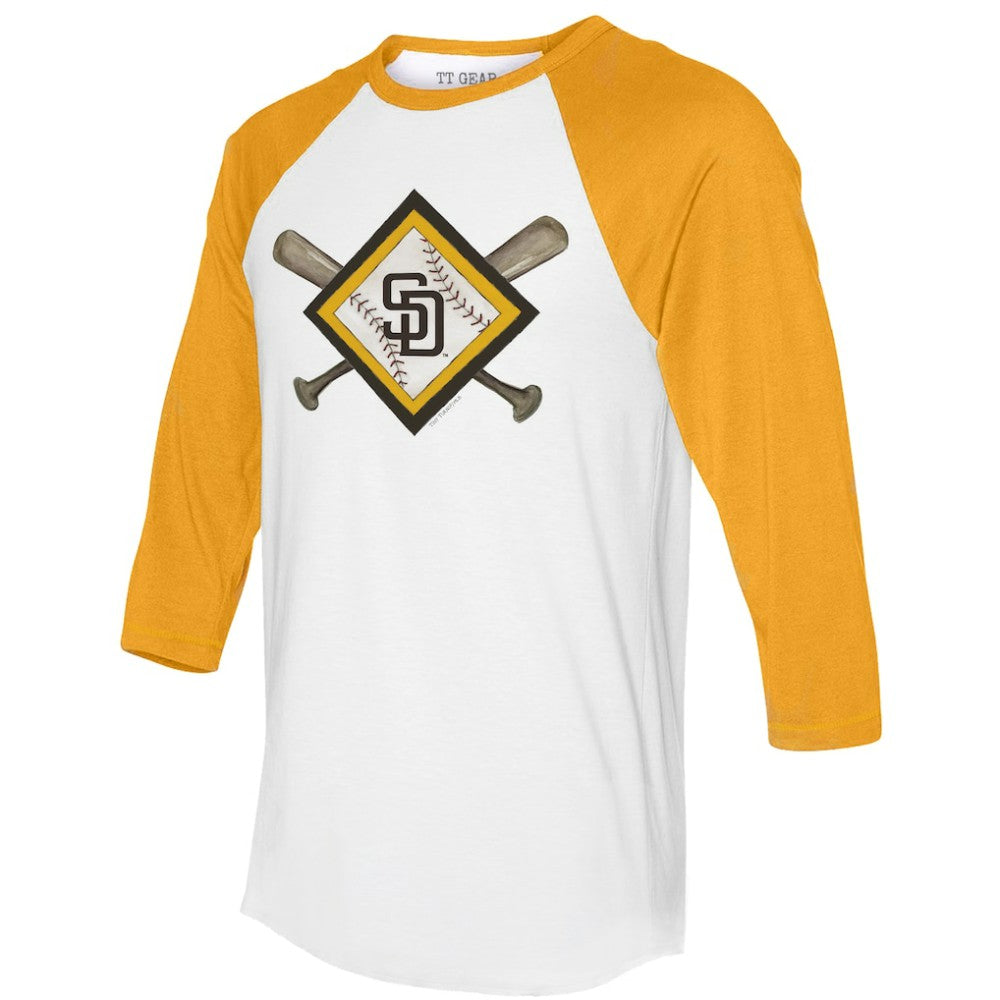 San Diego Padres Tiny Turnip Women's Diamond Cross Bats 3/4-Sleeve Raglan T-Shirt - White/Gold - MLB Sale