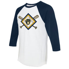 Milwaukee Brewers Tiny Turnip Women's Diamond Cross Bats 3/4-Sleeve Raglan T-Shirt - White/Navy - MLB Online
