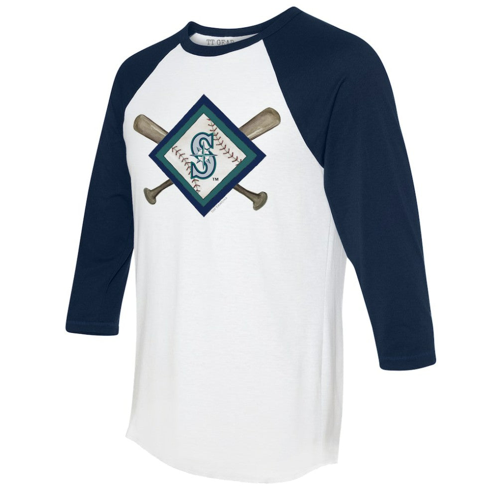 Seattle Mariners Tiny Turnip Women's Diamond Cross Bats 3/4-Sleeve Raglan T-Shirt - White/Navy - MLB Discount
