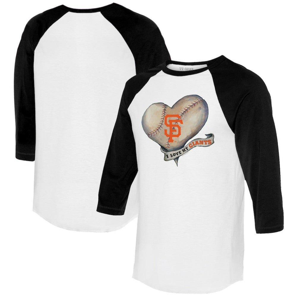 San Francisco Giants Tiny Turnip Women's Heart Banner 3/4-Sleeve Raglan T-Shirt - White/Black - MLB Sale