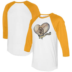 San Diego Padres Tiny Turnip Women's Heart Banner 3/4-Sleeve Raglan T-Shirt - White/Gold - MLB Online