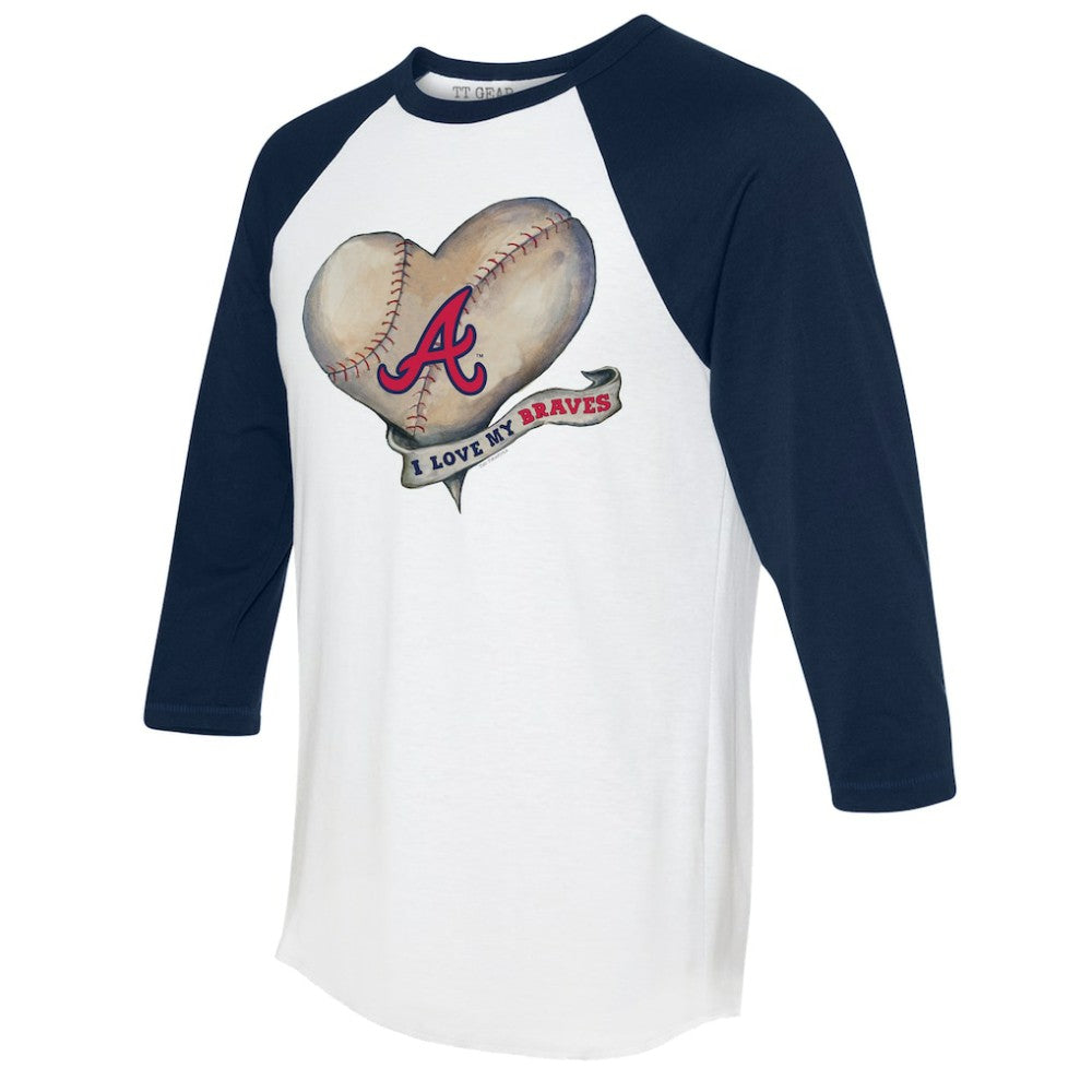 Atlanta Braves Tiny Turnip Women's Heart Banner 3/4-Sleeve Raglan T-Shirt - White/Navy - MLB Lifestyle