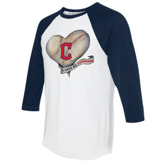 Cleveland Guardians Tiny Turnip Women's Heart Banner 3/4-Sleeve Raglan T-Shirt - White/Navy - MLB Lifestyle