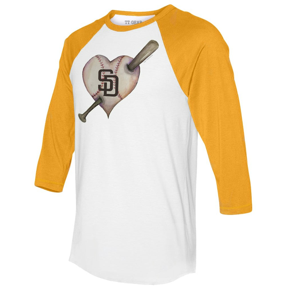 San Diego Padres Tiny Turnip Women's Heart Bat 3/4-Sleeve Raglan T-Shirt - White/Gold - MLB Discount