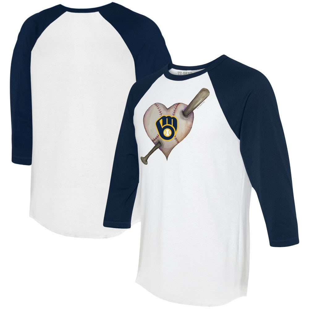 Milwaukee Brewers Tiny Turnip Women's Heart Bat 3/4-Sleeve Raglan T-Shirt - White/Navy - MLB Sale