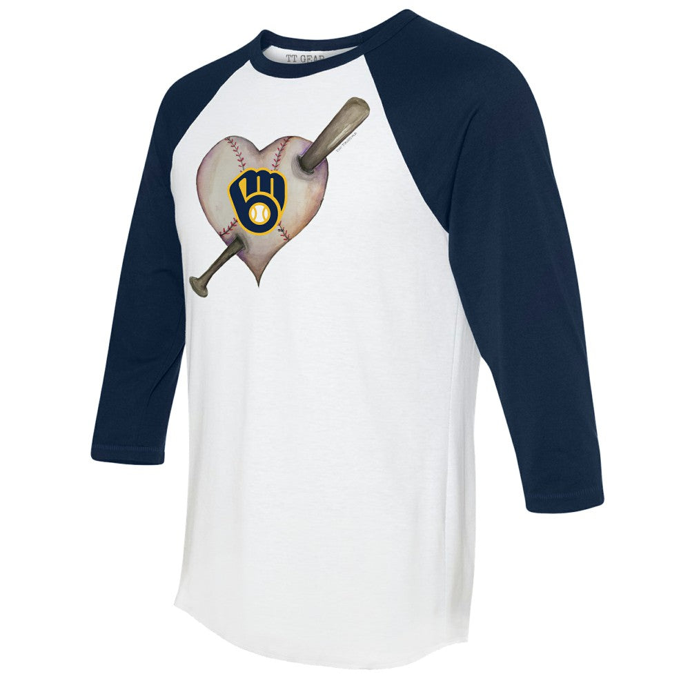 Milwaukee Brewers Tiny Turnip Women's Heart Bat 3/4-Sleeve Raglan T-Shirt - White/Navy - MLB Sale