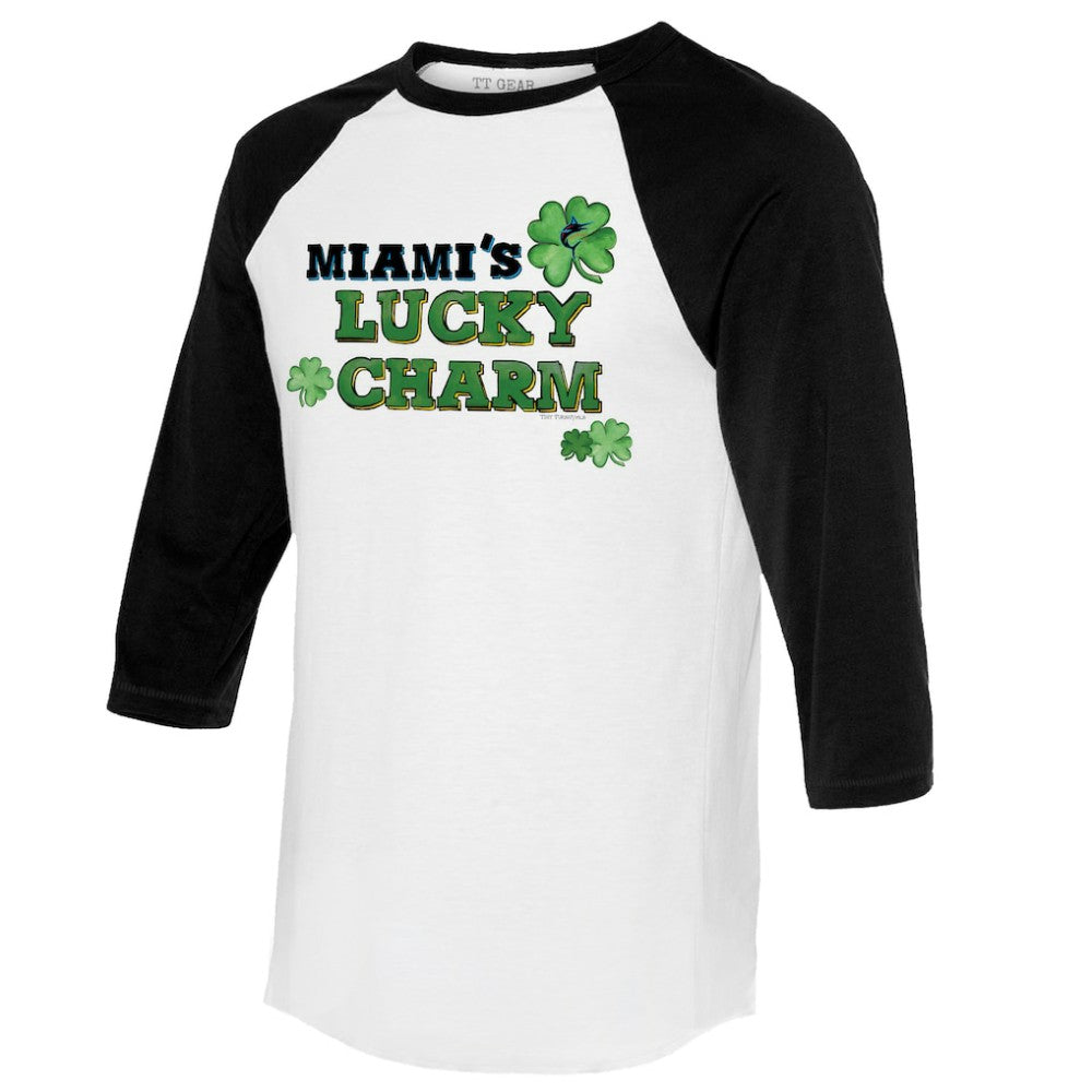Miami Marlins Tiny Turnip Women's Lucky Charm 3/4-Sleeve Raglan T-Shirt - White/Black - MLB on Sale
