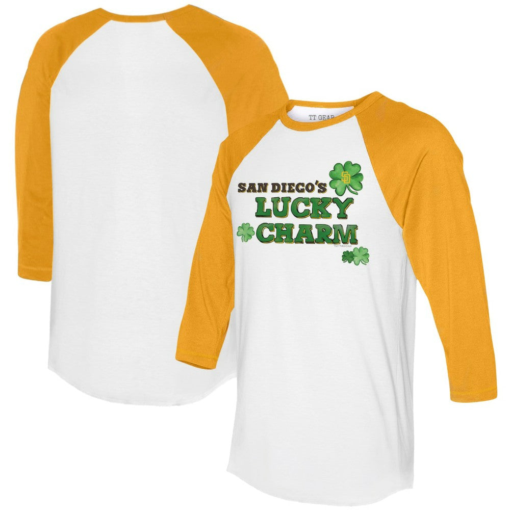 San Diego Padres Tiny Turnip Women's Lucky Charm 3/4-Sleeve Raglan T-Shirt - White/Gold - MLB Sale