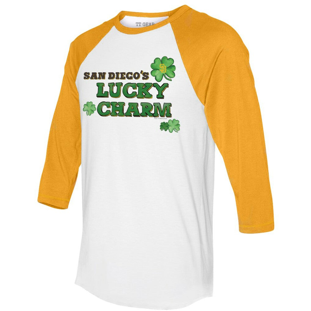 San Diego Padres Tiny Turnip Women's Lucky Charm 3/4-Sleeve Raglan T-Shirt - White/Gold - MLB Sale