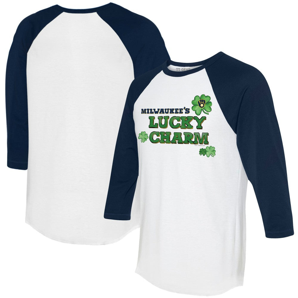 Milwaukee Brewers Tiny Turnip Women's Lucky Charm 3/4-Sleeve Raglan T-Shirt - White/Navy - MLB on Sale