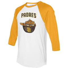 San Diego Padres Tiny Turnip Women's Nacho Helmet 3/4-Sleeve Raglan T-Shirt - White/Gold - MLB on Sale