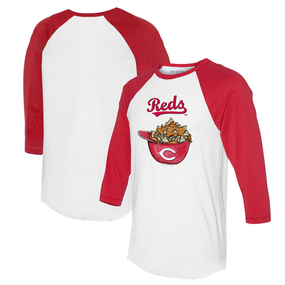 Cincinnati Reds Tiny Turnip Women's Nacho Helmet 3/4-Sleeve Raglan T-Shirt - White/Red - MLB Sale