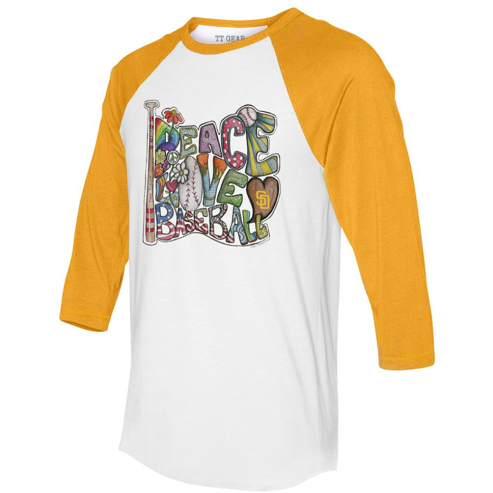 San Diego Padres Tiny Turnip Women's Peace Love Baseball 3/4-Sleeve Raglan T-Shirt - White/Gold - MLB on Sale
