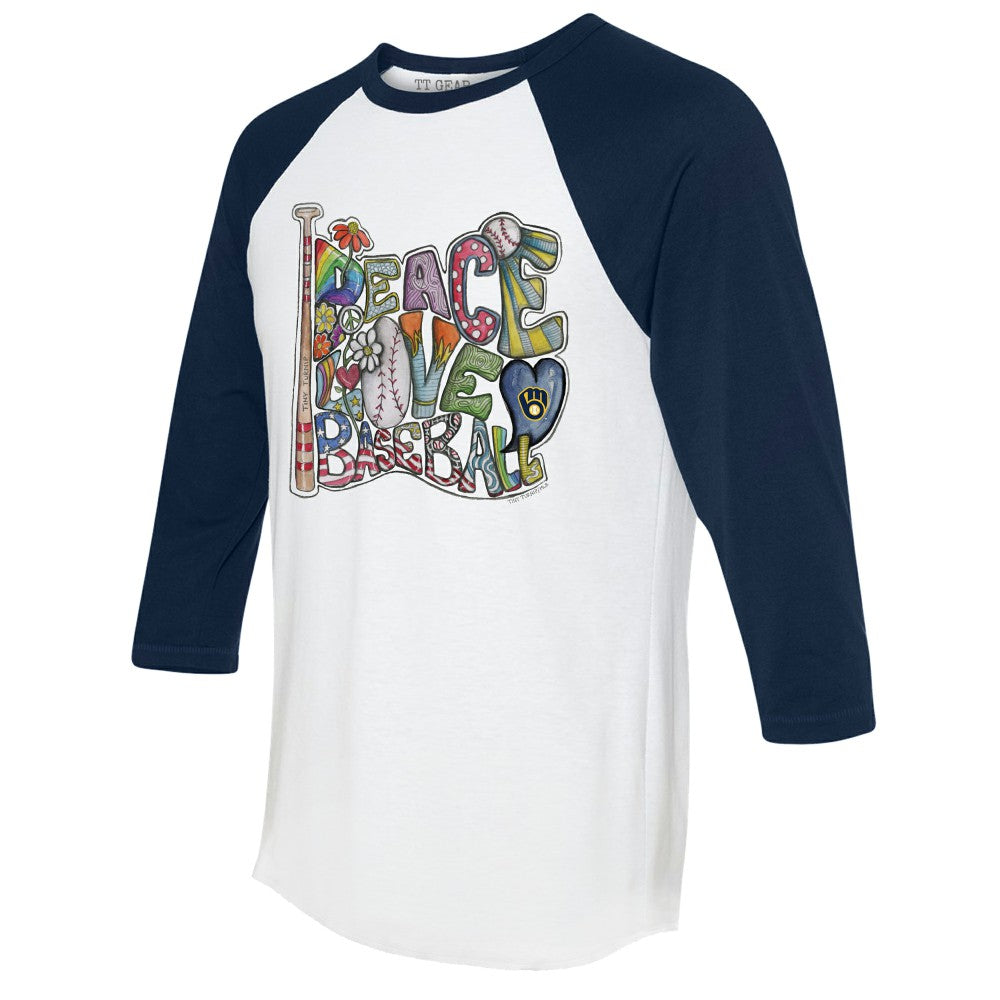 Milwaukee Brewers Tiny Turnip Women's Peace Love Baseball 3/4-Sleeve Raglan T-Shirt - White/Navy - MLB on Sale