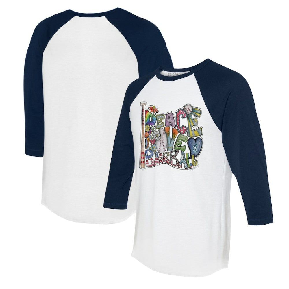 Seattle Mariners Tiny Turnip Women's Peace Love Baseball 3/4-Sleeve Raglan T-Shirt - White/Navy - MLB Discount