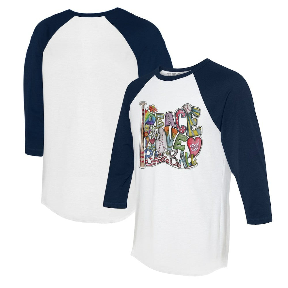 Washington Nationals Tiny Turnip Women's Peace Love Baseball 3/4-Sleeve Raglan T-Shirt - White/Navy - MLB Discount