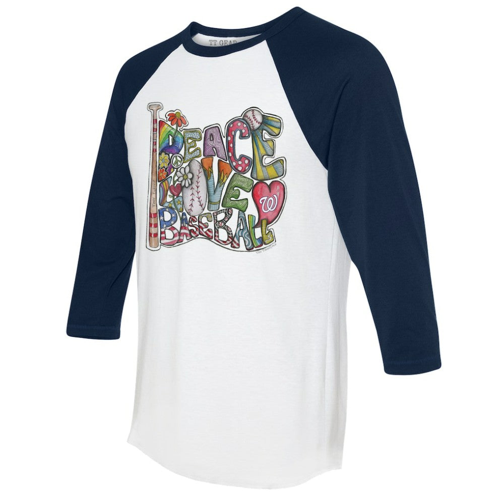 Washington Nationals Tiny Turnip Women's Peace Love Baseball 3/4-Sleeve Raglan T-Shirt - White/Navy - MLB Discount