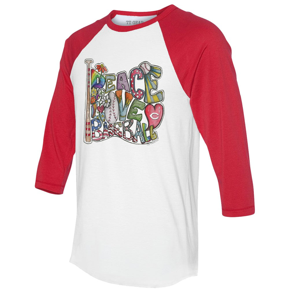Cincinnati Reds Tiny Turnip Women's Peace Love Baseball 3/4-Sleeve Raglan T-Shirt - White/Red - MLB on Sale