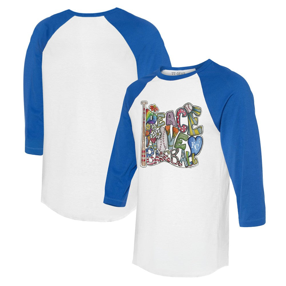Kansas City Royals Tiny Turnip Women's Peace Love Baseball 3/4-Sleeve Raglan T-Shirt - White/Royal - MLB Sale