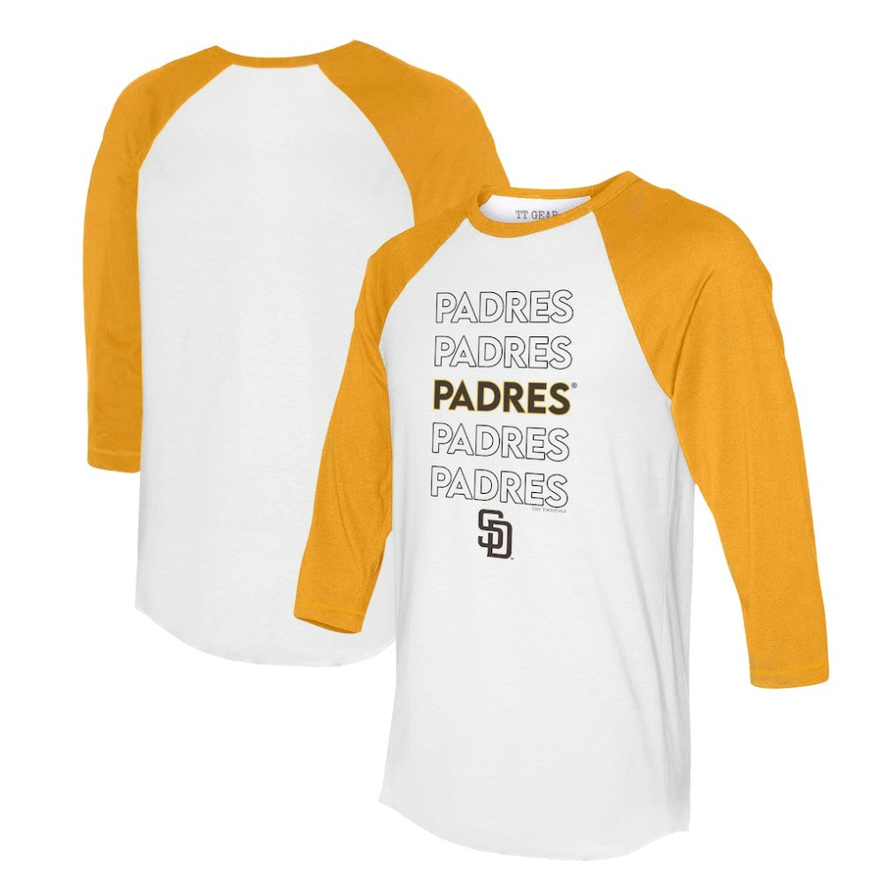 San Diego Padres Tiny Turnip Women's Stacked 3/4-Sleeve Raglan T-Shirt - White/Gold - MLB Lifestyle