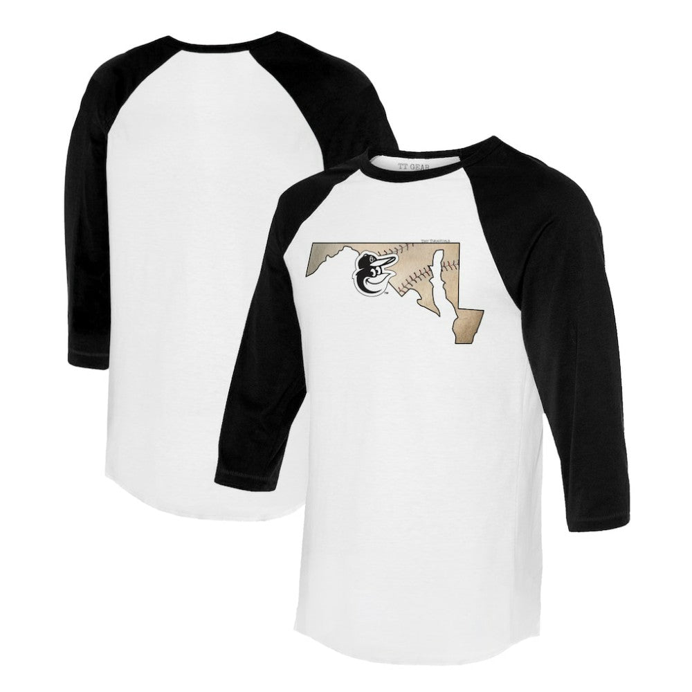 Baltimore Orioles Tiny Turnip Unisex State Outline 3/4-Sleeve Raglan T-Shirt - White/Black - MLB Discount
