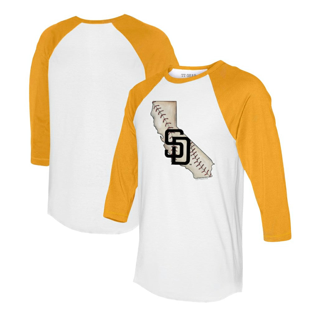 San Diego Padres Tiny Turnip Unisex State Outline 3/4-Sleeve Raglan T-Shirt - White/Gold - MLB Sale