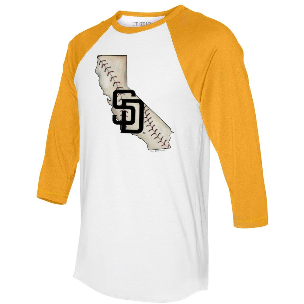 San Diego Padres Tiny Turnip Unisex State Outline 3/4-Sleeve Raglan T-Shirt - White/Gold - MLB Sale