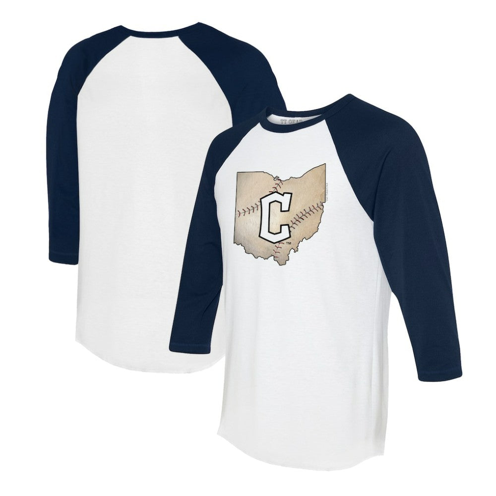Cleveland Guardians Tiny Turnip Unisex State Outline 3/4-Sleeve Raglan T-Shirt - White/Navy - MLB on Sale