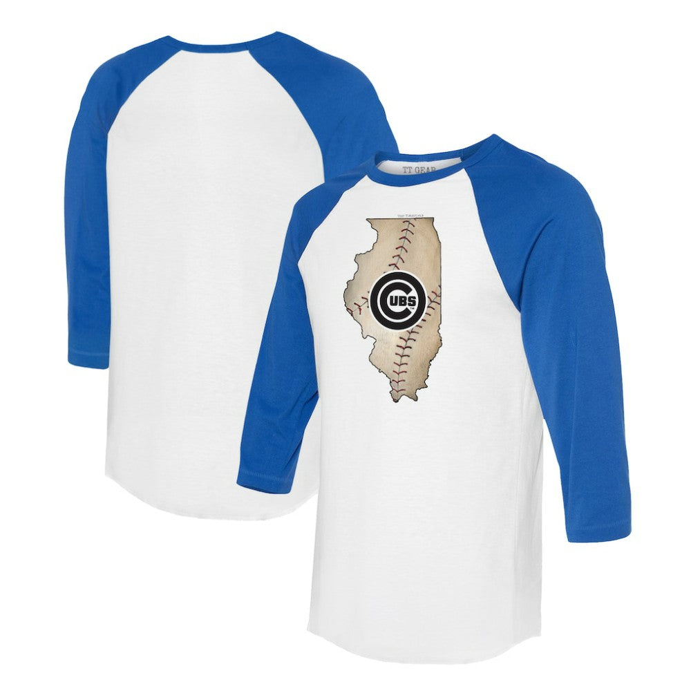 Chicago Cubs Tiny Turnip Unisex State Outline 3/4-Sleeve Raglan T-Shirt - White/Royal - MLB Sale