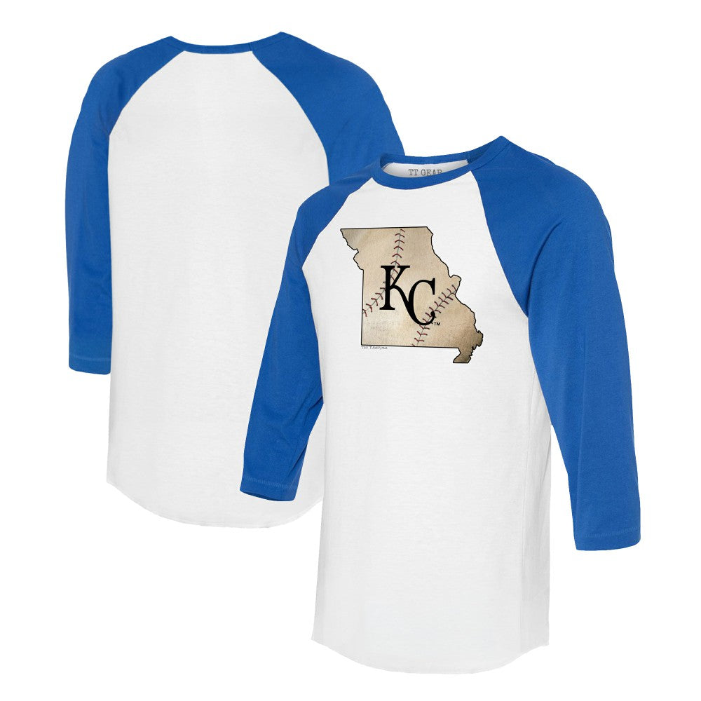 Kansas City Royals Tiny Turnip Unisex State Outline 3/4-Sleeve Raglan T-Shirt - White/Royal - MLB on Sale