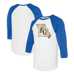 Kansas City Royals Tiny Turnip Unisex State Outline 3/4-Sleeve Raglan T-Shirt - White/Royal - MLB on Sale