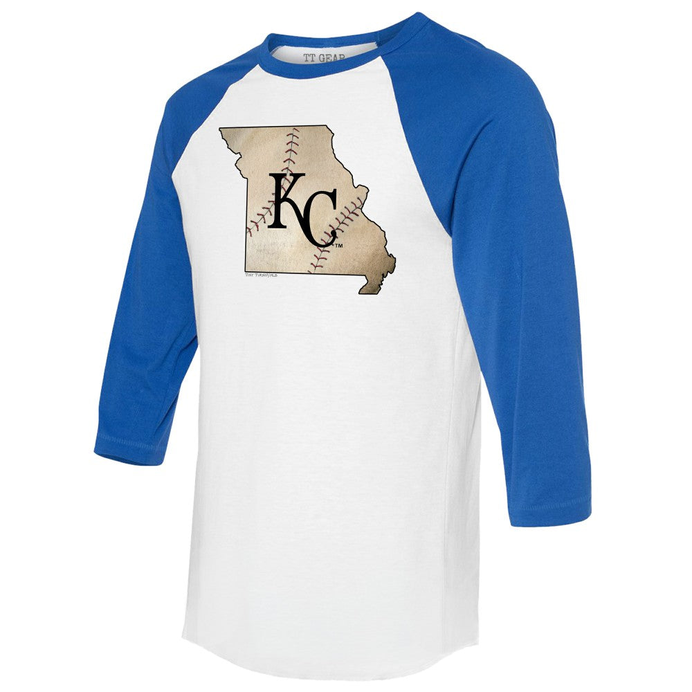 Kansas City Royals Tiny Turnip Unisex State Outline 3/4-Sleeve Raglan T-Shirt - White/Royal - MLB on Sale