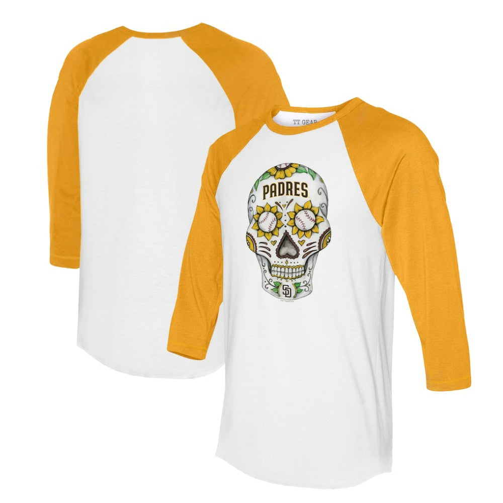 San Diego Padres Tiny Turnip Unisex Sugar Skull 3/4-Sleeve Raglan T-Shirt - White/Gold - MLB Discount