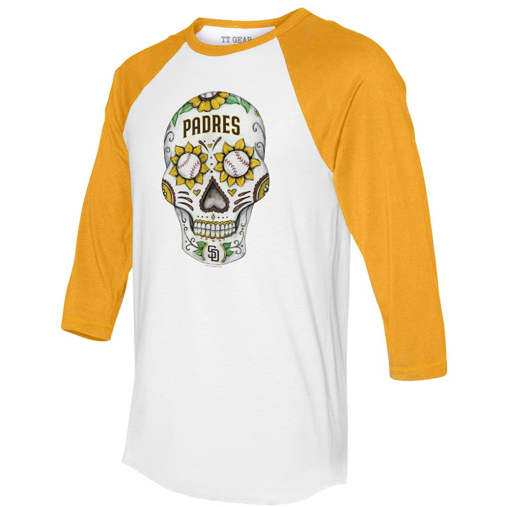 San Diego Padres Tiny Turnip Unisex Sugar Skull 3/4-Sleeve Raglan T-Shirt - White/Gold - MLB Discount