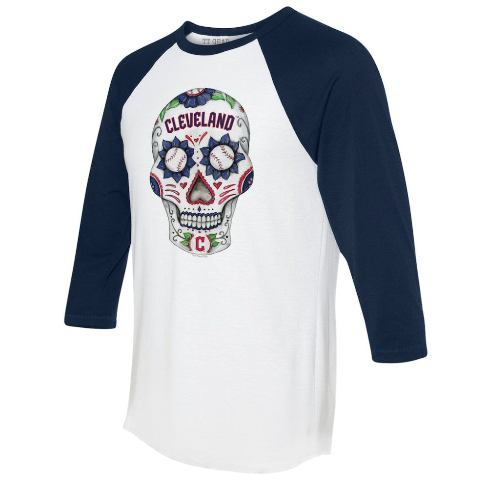 Cleveland Guardians Tiny Turnip Unisex Sugar Skull 3/4-Sleeve Raglan T-Shirt - White/Navy - MLB Discount