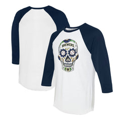 Milwaukee Brewers Tiny Turnip Unisex Sugar Skull 3/4-Sleeve Raglan T-Shirt - White/Navy - MLB Lifestyle