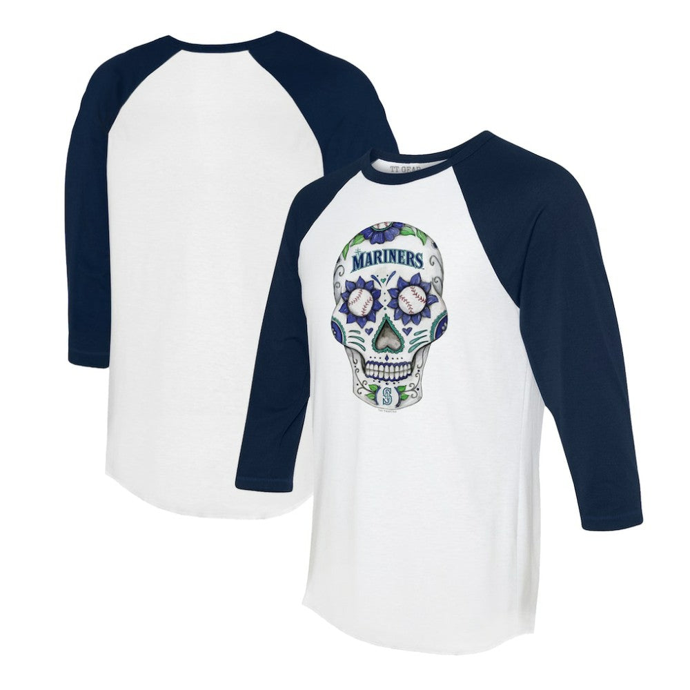 Seattle Mariners Tiny Turnip Unisex Sugar Skull 3/4-Sleeve Raglan T-Shirt - White/Navy - MLB Online