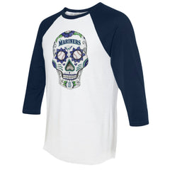 Seattle Mariners Tiny Turnip Unisex Sugar Skull 3/4-Sleeve Raglan T-Shirt - White/Navy - MLB Online