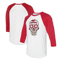 Cincinnati Reds Tiny Turnip Unisex Sugar Skull 3/4-Sleeve Raglan T-Shirt - White/Red - MLB on Sale