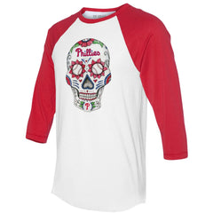 Philadelphia Phillies Tiny Turnip Unisex Sugar Skull 3/4-Sleeve Raglan T-Shirt - White/Red - MLB Sale