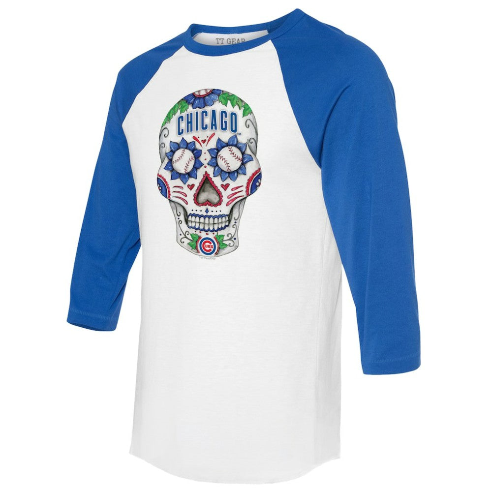 Chicago Cubs Tiny Turnip Unisex Sugar Skull 3/4-Sleeve Raglan T-Shirt - White/Royal - MLB Lifestyle