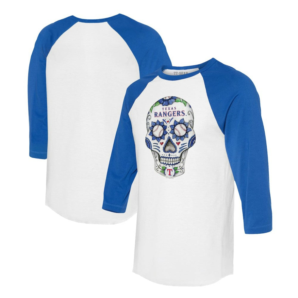 Texas Rangers Tiny Turnip Unisex Sugar Skull 3/4-Sleeve Raglan T-Shirt - White/Royal - MLB Sale