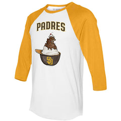 San Diego Padres Tiny Turnip Unisex Sundae Helmet 3/4-Sleeve Raglan T-Shirt - White/Gold - MLB on Sale