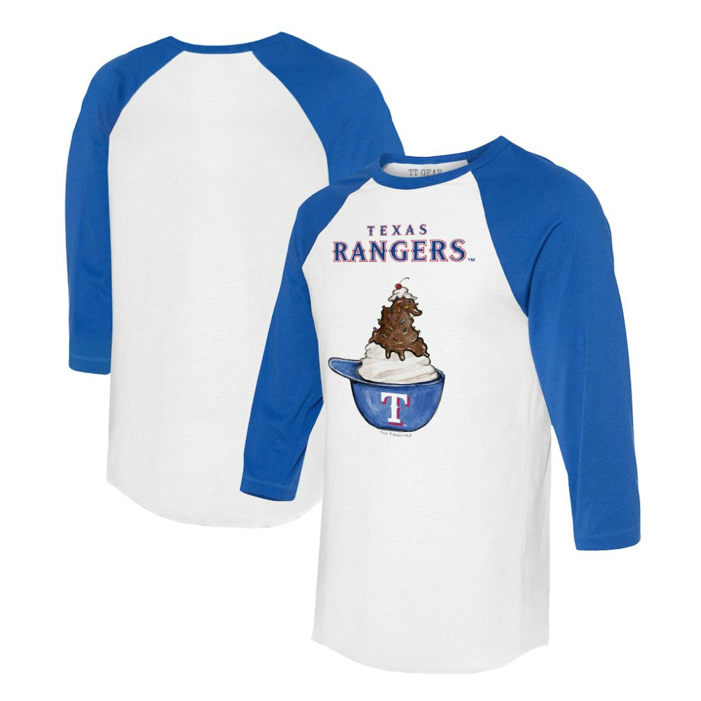 Texas Rangers Tiny Turnip Unisex Sundae Helmet 3/4-Sleeve Raglan T-Shirt - White/Royal - MLB Lifestyle