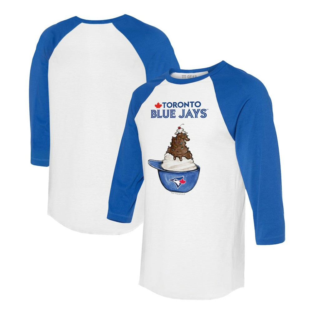 Toronto Blue Jays Tiny Turnip Unisex Sundae Helmet 3/4-Sleeve Raglan T-Shirt - White/Royal - MLB on Sale