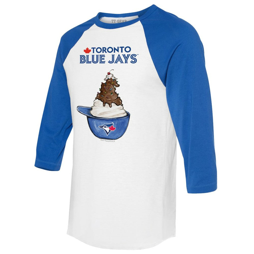 Toronto Blue Jays Tiny Turnip Unisex Sundae Helmet 3/4-Sleeve Raglan T-Shirt - White/Royal - MLB on Sale