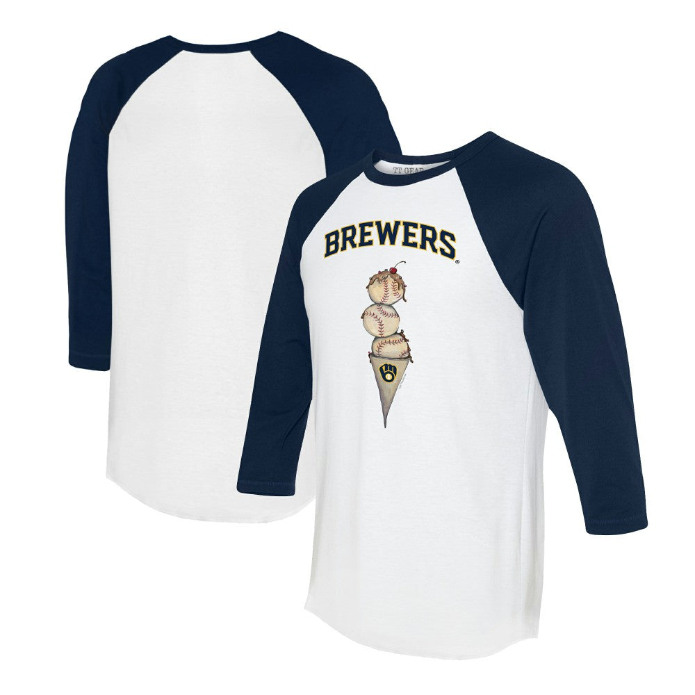 Milwaukee Brewers Tiny Turnip Unisex Triple Scoop 3/4-Sleeve Raglan T-Shirt - White/Navy - MLB Lifestyle