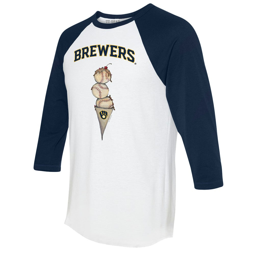 Milwaukee Brewers Tiny Turnip Unisex Triple Scoop 3/4-Sleeve Raglan T-Shirt - White/Navy - MLB Lifestyle