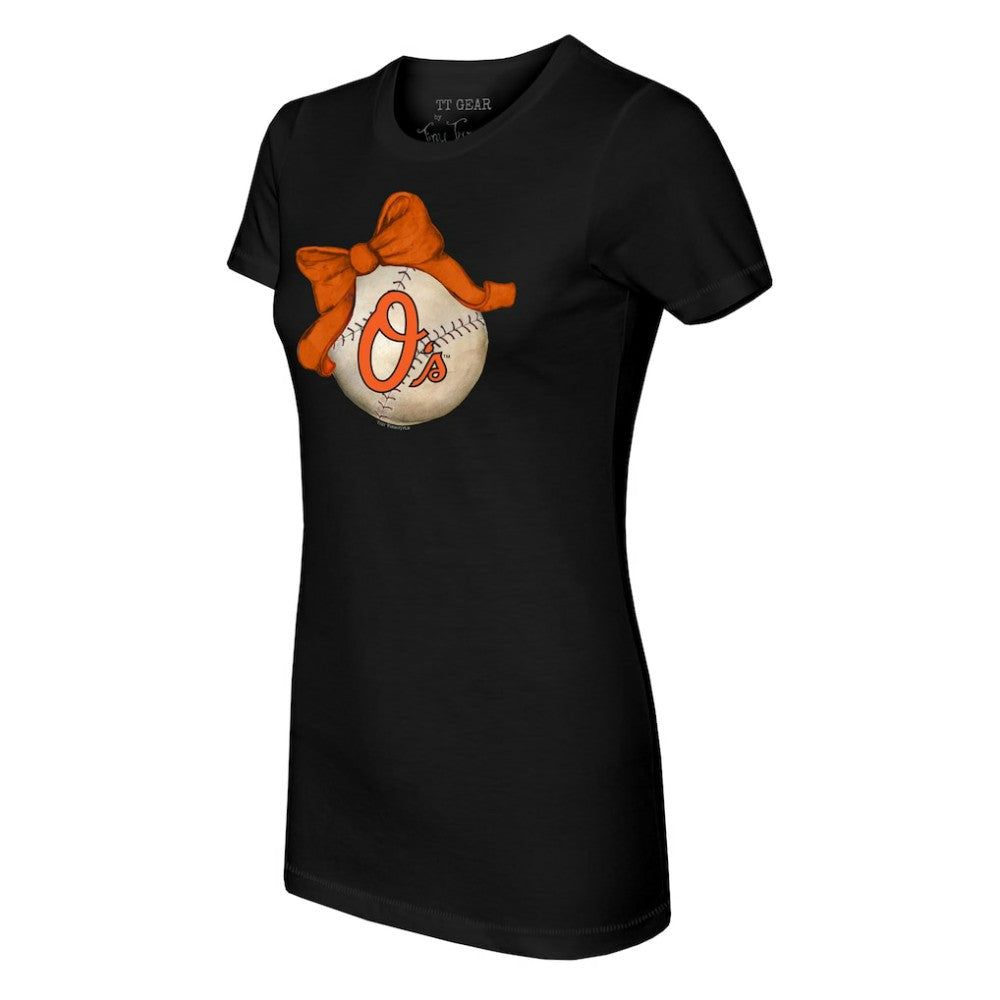 Baltimore Orioles Tiny Turnip Women's Baseball Bow T-Shirt - Black - MLB on Sale