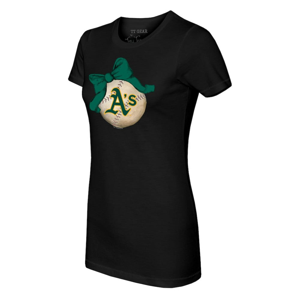Athletics Tiny Turnip Women's Baseball Bow T-Shirt - Black - MLB on Sale